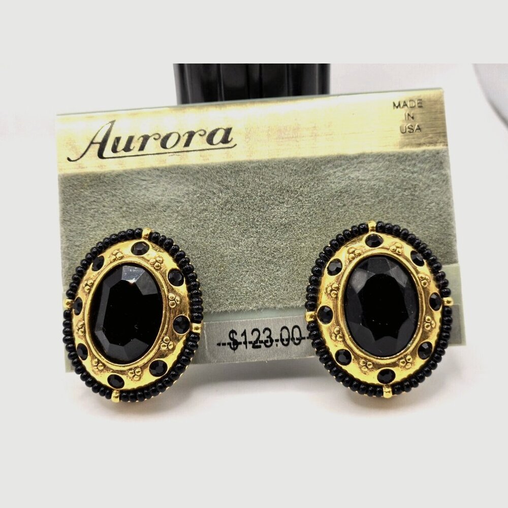 New old stock Aurora Clip earrings black and gold 1.5" long